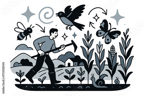 Balanced Farm Ecosystem. Healthy ecosystem. Glowing farm landscape where insects, birds, and crops thrive in balance. Floating icons of sparkle, swirl, and