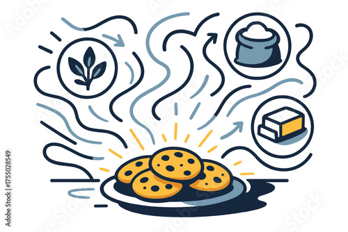 Glowing Cookie Creation. Baking ingredients. Glowing cookies on a table with floating abstract icons of herbs, flour, and butter around, light trails