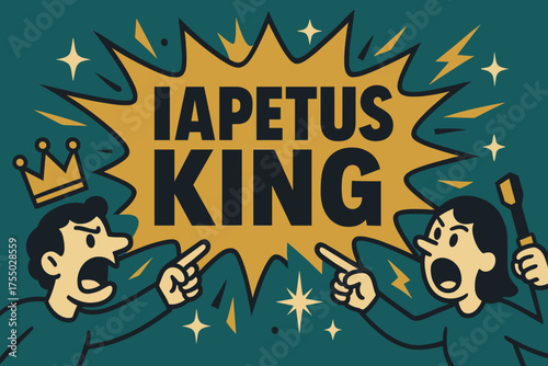 Iapetus King Celebration. Iapetus King banner, flat vector illustration, bold oversized text inside splash explosion, cartoon characters shouting and pointing,