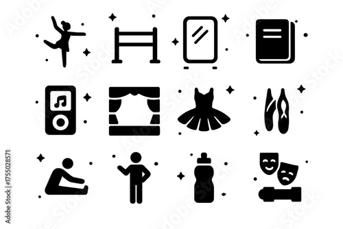 Ballet Rehearsal Icons. Rehearsal Scene. Solid icons set of Rehearsal Scene: dancer, barre, mirror, notebook, music player, stage, tutu, ballet