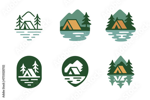 Nature Camping Logos. Camping and hiking in nature. Set Logo of Camping and hiking in nature: Lakeside tent pitched beside a reflective pond. harmonious logo