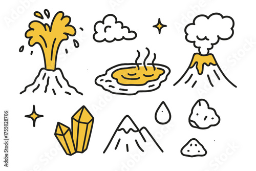 Geothermal Wonders Illustrated. Geothermal Activity. Hand-drawn doodle illustration geyser (colored), hot spring (colored), steam cloud, volcano, sparkle,