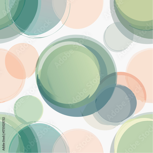 Minimalist Overlapping Transparent Shapes Pattern. Seamless vector background with translucent geometric layers in a calm sage green and dusty rose palette.