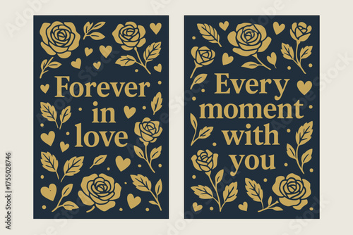 Forever In Love Banners. Forever in love. Two vertical A6 banners with safe margins, centered composition, no elements touching edges, bold, navy and gold,