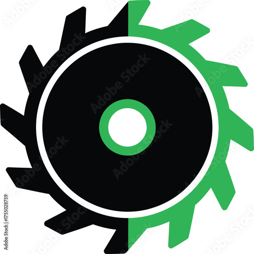 A circular saw blade with black and green teeth, isolated on white background