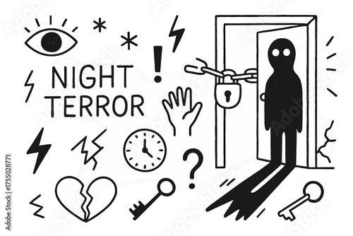 Night Terror Symbols. Night terror. Hand-drawn doodle illustration night terror door, shadow figure, eye, star, chain, padlock, exclamation mark, lightning