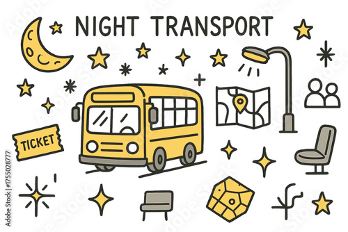 Night Bus Adventure. Night Transport. Hand-drawn doodle illustration night bus (colored), moon (colored), stars (colored), ticket, sparkle, star, streetlight