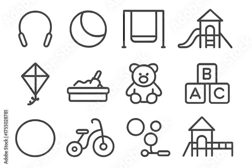 Active Play Icons. Active play. Line icon set of Active play: jump rope, ball, swing, slide, kite, sandbox, teddy bear, toy blocks, hula hoop, tricycle, bubble