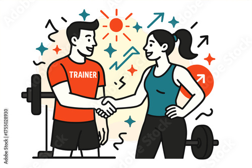 Business Partnership Illustration. Team Effort. Trainer and client shaking hands in glowing gym environment, abstract floating spark and arrow shapes