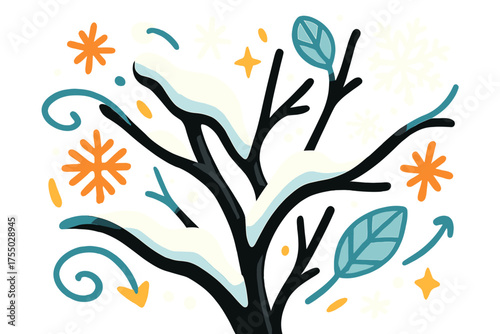 Glowing Winter Branches. Winter branches close-up. Glowing twigs with abstract floating snowflakes and frost-like patterns, light reflecting softly across