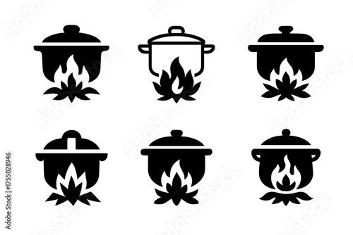 Stew Logo Variations. Making stew. Set Logo of Making stew: simmering flame under pot. harmonious logo variations of the same emblematic concept, each with
