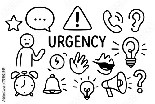 Urgency Symbol Doodle. Urgency. Hand-drawn doodle illustration urgency exclamation mark, person figure, speech bubble, star, clock, hand, bell, phone, sound