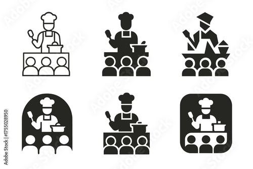 Cooking Class Logos. A group of people participating in a cooking class, learning new skills. Set Logo of A group of people participating in a cooking class,
