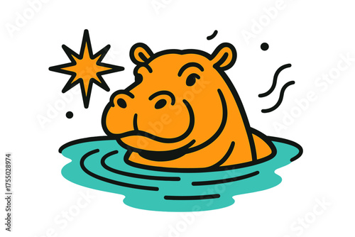 Glowing Hippo Serenity. River Hippo. A glowing hippopotamus half-submerged in water with ripples, abstract spark and wave icons symbolizing calm strength.