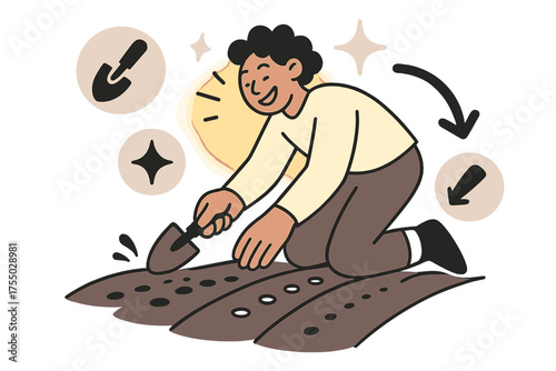 Spring Soil Prep. Spring soil prep. Person glowing while digging small holes in soil rows for seeds. Floating icons of shovel, sparkle, and arrow showing