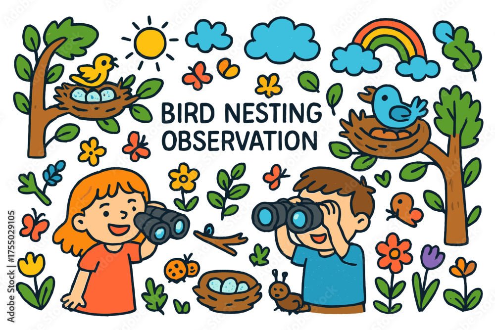 Fototapeta premium Kids Watching Birds. Bird Nesting Observation. Colorful Hand-drawn doodle Children illustration children watching birds, nests, eggs, branches, trees, leaves,