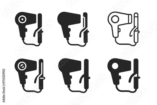 Styling Tools Logos. Blow dryer and styling tools. Set Logo of Blow dryer and styling tools: Curling iron / wand. harmonious logo variations of the same