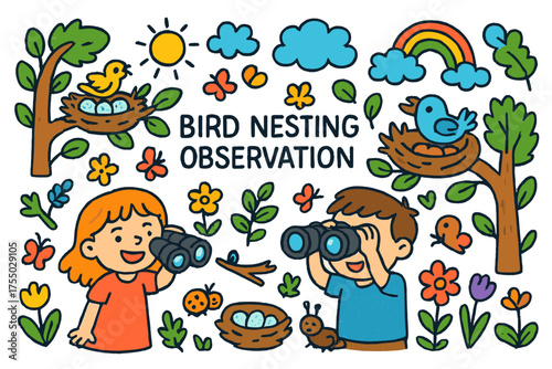 Kids Watching Birds. Bird Nesting Observation. Colorful Hand-drawn doodle Children illustration children watching birds, nests, eggs, branches, trees, leaves,