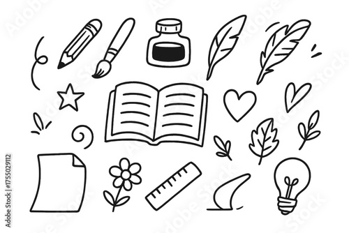 Creative Tools Doodles. Illustration practice. Hand-drawn doodle illustration illustration practice pencil, paintbrush, ink bottle, quill, open book, swirl,