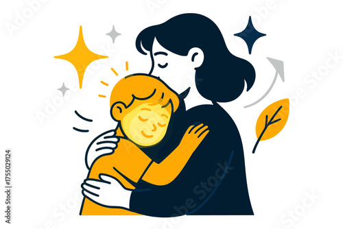 Tender Mother-Child Embrace. Safe haven. Glowing child resting head against mother?s shoulder in a tender hug. Floating icons of sparkle, star, and leaf
