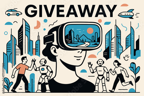 Futuristic Urban Paradise. GIVEAWAY. Futuristic cityscape with sleek skyscrapers and flying cars, Robots and humans interacting in a bustling metropolis,