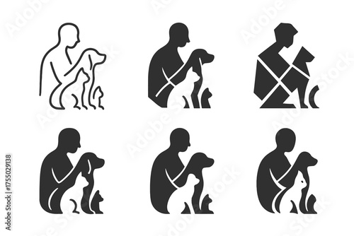 Pet Care Logos. Pet Care and Animal Companionship. Set Logo of Pet Care and Animal Companionship: person with dog and cat. harmonious logo variations of the