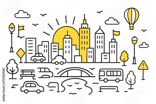 Skyline Horizon Doodle. Skyline Horizon. Hand-drawn doodle illustration skyline horizon sun behind buildings (accented), tall skyscrapers, clouds, streetlights