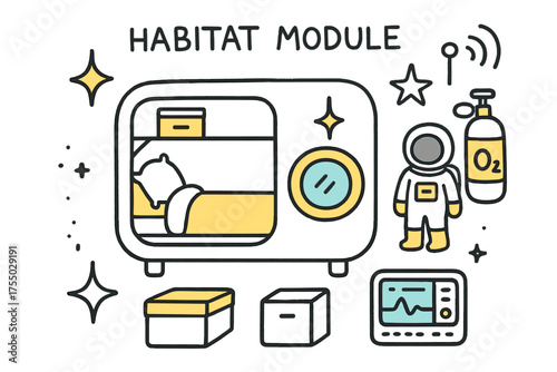 Colorful Space Habitat Doodle. Habitat Module. Hand-drawn doodle illustration sleeping pod (colored), window (colored), astronaut (colored), sparkle, star,