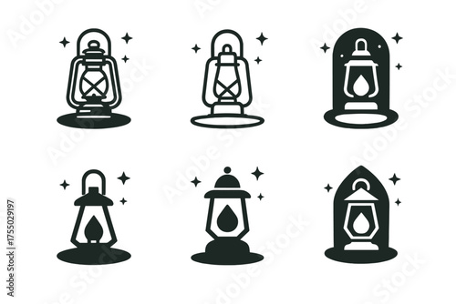 Hiking Logo Variations. Camping and hiking in nature. Set Logo of Camping and hiking in nature: Hanging lantern casting a small pool of light under starry sky.