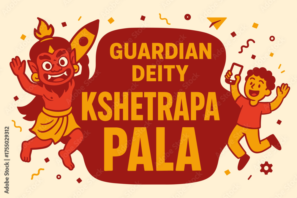 Fototapeta premium Energetic Kshetrapala Celebration. Guardian Deity Kshetrapala banner, flat vector illustration, bold oversized text inside rounded blob, cartoon characters