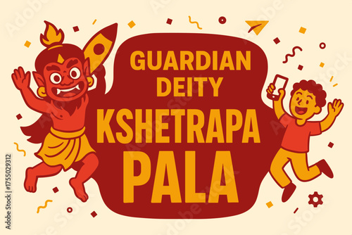Energetic Kshetrapala Celebration. Guardian Deity Kshetrapala banner, flat vector illustration, bold oversized text inside rounded blob, cartoon characters