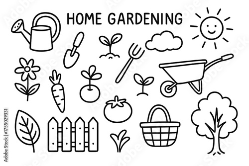 Home Gardening Doodles. Home gardening. Hand-drawn doodle illustration home gardening watering can, shovel, rake, wheelbarrow, sprout, flower, carrot, tomato,