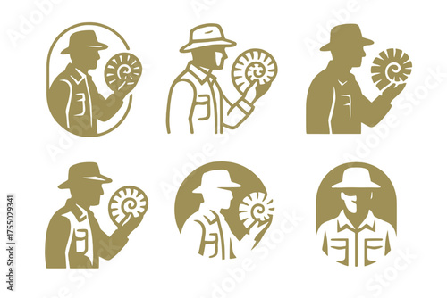 Fossil Enthusiasts Logos. Fossil hunting and paleontology enthusiasts. Set Logo of Fossil hunting and paleontology enthusiasts: paleontologist silhouette with