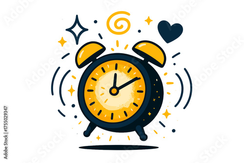 Dynamic Morning Alarm. Morning ring. Glowing alarm clock face shaking with motion lines and tiny sparks around. Floating icons of sparkle, swirl, and heart