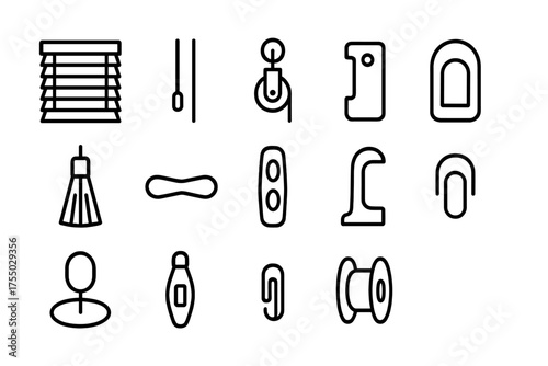 Window Treatment Icons. Window treatment. Line icon set of Window treatment: blind slat, cord, pulley, bracket, tassel, cleat, cord lock, handle, cord guide,