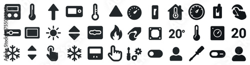 Temperature control solid icons set – silhouette, filled, climate and thermostat symbols