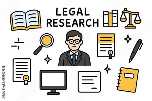 Legal Research Icons. Legal Research. Hand-drawn doodle illustration open book (colored), law library, lawyer (colored), magnifying glass, document (colored),