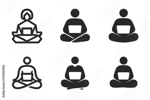 Meditative Workshop Logos. Remote Workshops for Personal Development. Set Logo of Remote Workshops for Personal Development: person meditating with laptop.