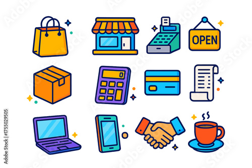 Colorful Shop Icons. Shop Owner. Colorful isometric vector icons set of shop owner: shopping bag, storefront, cash register, open sign, product box,