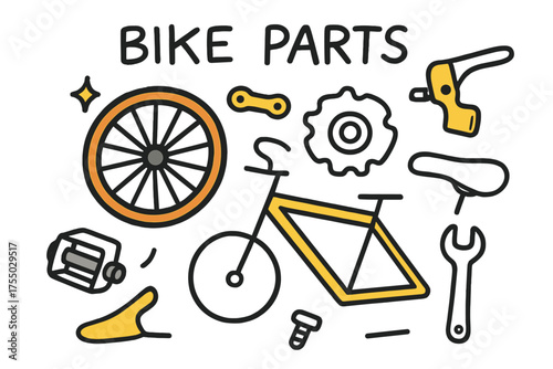 Colorful Bike Parts. Bike Parts. Hand-drawn doodle illustration wheel (colored), chain (colored), gear, brake handle (colored), seat, pedals, sparkle, frame