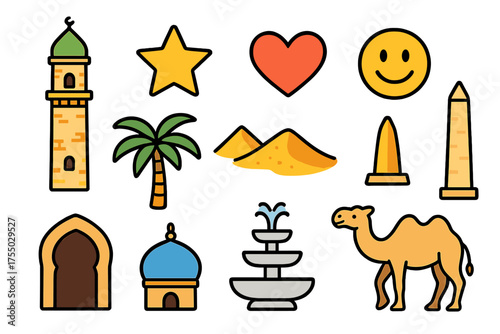 Desert Symbols Icons. minaret, star, heart, smiley face, palm tree, dome, desert, obelisk, arch, fountain, camel. Simple cartoon-style bright colorful icons