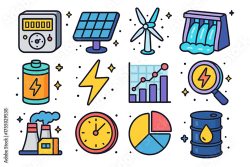 Smart Grid Icons. Smart Grid. Colorful isometric vector icons set of smart grid: electric meter, solar panel, wind turbine, hydro dam, battery, lightning bolt,