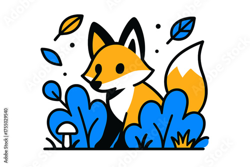Playful Fox Scene. Fox in Thicket. Fox peeking from behind abstract bushes, floating leaves and small forest elements, playful woodland scene. Modern flat-line