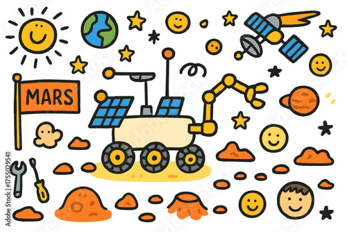 Mars Exploration Doodle. Exploring Mars. Colorful Hand-drawn doodle Children illustration rover, wheels, robot arm, solar panels, antenna, Martian rocks,
