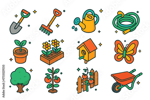 Colorful Garden Tools Icons. Garden Tools. Colorful isometric vector icons set of garden tools: shovel, rake, watering can, garden hose, wheelbarrow, potted