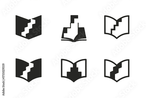 Staircase Logo Variations. New Chapter in Life. Set Logo of New Chapter in Life: staircase rising from book. harmonious logo variations of the same emblematic