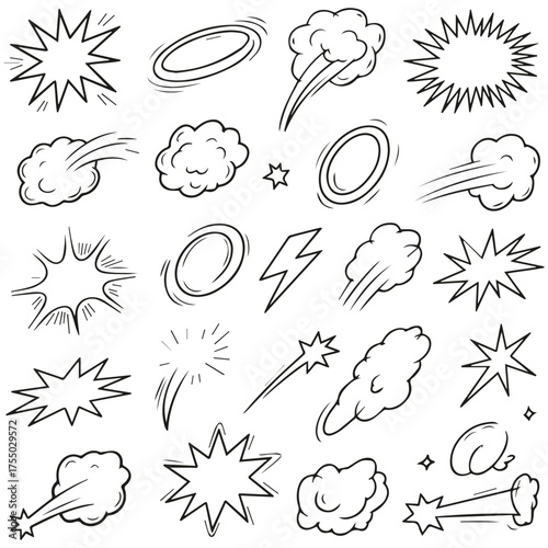 Hand Drawn Comic Explosion and Smoke Doodle Icons Cartoon Effects, Clouds, and Motion Lines Set