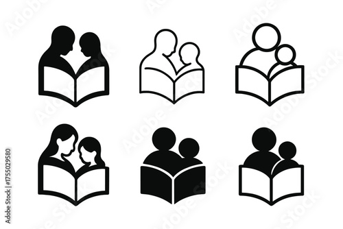 Family Storytime Logos. Quality time with parents. Set Logo of Quality time with parents: Storytime open book with parent and child silhouette. harmonious logo