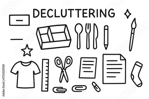 Declutter Drawer Doodles. Decluttering. Hand-drawn doodle illustration decluttering drawer, divider, spoon, fork, knife, paper, pencil, brush, star, ruler,