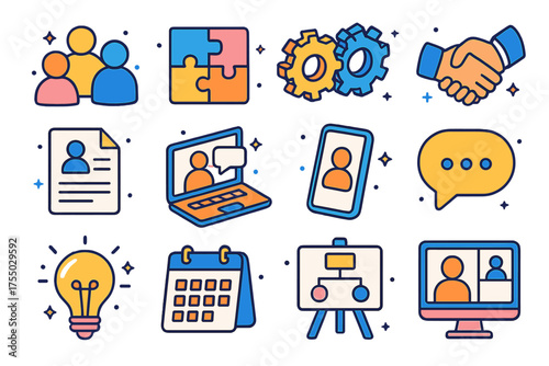 Isometric Teamwork Icons. Teamwork. Colorful isometric vector icons set of teamwork: team members, puzzle pieces, gears, handshake, shared document, laptop,